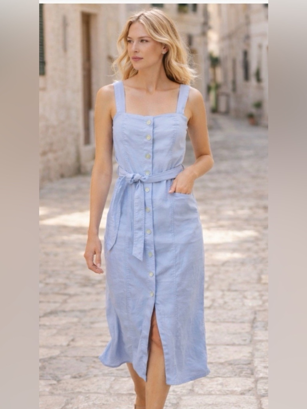 Babaton Pale Blue Button-Front Midi Dress with Tie Waist